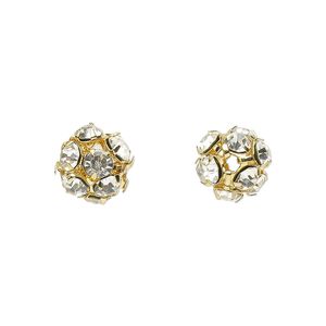 Bead 1pkg10 gold-finished, 8mm round, brass / clear rhinestone