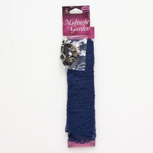 Ribbon and finding assortment 1pkg25 antique brass- / black- / imitation rhodium-finished steel and lace, navy blue, 1 inch flat / 6x5.5mm steel textured ribbon crimp end / 9x4.5mm fold-over cord end.