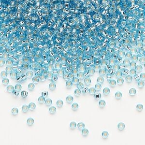 Seed bead, Miyuki, glass, pkg/25g, #11 rocaille, transparent silver-lined aqua blue, (RR-18).