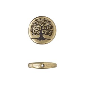 Bead 1pkg2 brass-plated pewter, 15mm flat round / tree of life, antique TierraCast&reg;