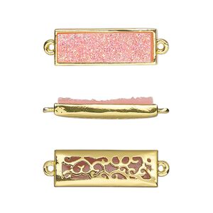 Link, Druzylite&trade;, "druzy" (resin) and gold-finished brass, pink, 21x8mm two-sided rectangle with open filigree back. Sold per pkg of 4.