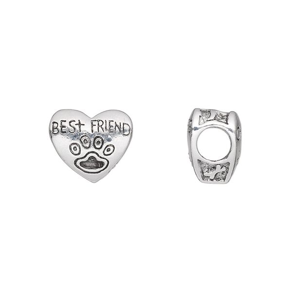 Bead 1pkg1 silver-plated pewter, 12.5x11mm heart paw print / &ldquo;best friend&rdquo; / 2sided, antique Dione&reg; image number 0