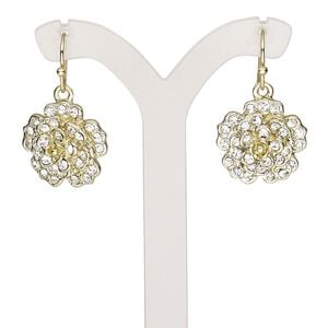 Earring, glass rhinestone with gold-finished brass and "pewter" (zinc-based alloy), clear, 28mm with flower and fishhook ear wire. Sold per pair.