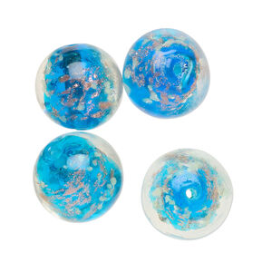 Bead, lampworked glass, clear / blue / glow-in-the-dark / gold, 14mm round. Sold per pkg of 4.