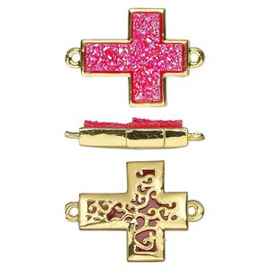 Link, Druzylite&trade;, "druzy" (resin) and gold-finished brass, hot pink, 18x16mm two-sided cross with open filigree back. Sold per pkg of 4.