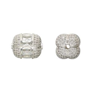 Bead 1pkg1 silver-finished, 15x12mm fancy square tube, brass / clear rhinestone