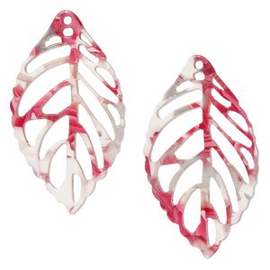 Focal, resin, pink / red / white, 39x22mm leaf with cutouts. Sold per pkg of 4.