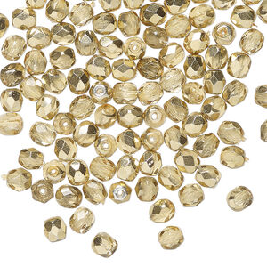Bead, Czech fire-polished glass 1pkg100, opaque pale gold half-coated, 4mm faceted round.