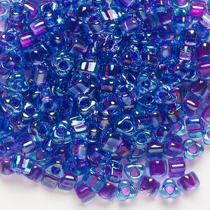 Seed bead, Miyuki, glass, transparent blue color-lined purple, (TR1141), #5 triangle. Sold per 250-gram pkg.