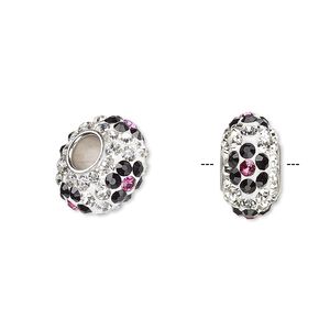 Bead 1pkg1 imitation rhodium-plated, 13x8mm-14x8mm rondelle / black & pink flower, brass / glass rhinestone / epoxy / mixed color Dione&reg;