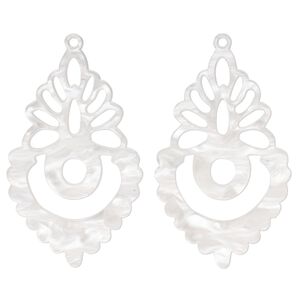 Focal, resin, white, 50x31mm fancy teardrop. Sold per pkg of 2.