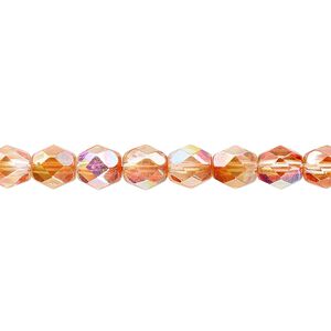 Bead, Czech fire-polished glass, two-tone clear AB and apricot medium, 6mm faceted round. Sold per 15-1/2" to 16" strand.