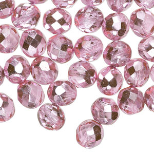 Bead, Czech fire-polished glass 1pkg50, opaque metallic bubblegum, 8mm faceted round.