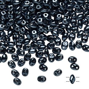 Bead, Preciosa Twin&trade;, Pressed Twin, Czech pressed glass, opaque shiny black, 5x2.5mm oval with (2) 0.7-0.8mm holes. Sold per 250-gram pkg.