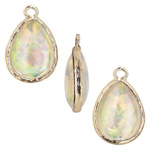 Drop, Opalized Ice&trade;, "opal" (resin) and gold-finished brass, white, 19.5x15mm double-sided teardrop. Sold per pkg of 4.