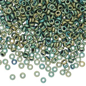 Seed bead, Miyuki, glass, pkg/10g, 3x1.3mm spacer rondelle, opaque matte metallic iris green patina, (SPR3-2008).