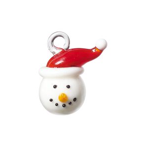 Drop, lampworked glass, multicolored, 23x22mm 3D snowman head with Santa hat. Sold individually.