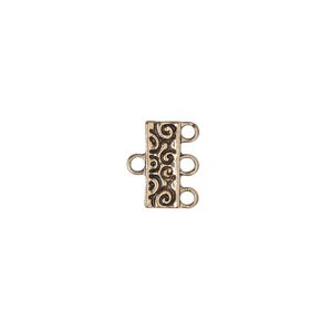 End bar 1pkg12 "pewter", 12x5mm rectangle / swirls / 2sided / 3 closed loops, gold-finished / antiqued