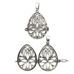 Focal, antique silver-finished brass, 30.5x22mm teardrop bead cage with cutout fancy design and safety latch, fits up to 18mm bead. Sold individually.