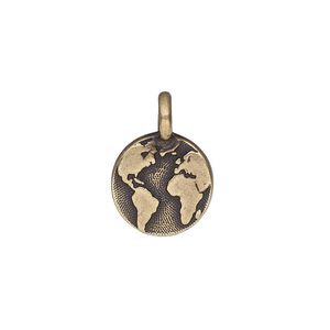 Drop, TierraCast&reg;, antique brass-plated pewter (tin-based alloy), 12mm single-sided round with Earth. Sold per pkg of 20.