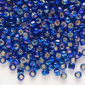 Seed bead, Dyna-Mites&trade;, glass, silver-lined translucent rainbow cobalt, #6 round with square hole. Sold per 40-gram pkg.