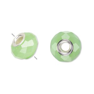 Bead 1pkg6 silver-plated, 14x9mm faceted rondelle, brass / glass / light green Dione&reg;