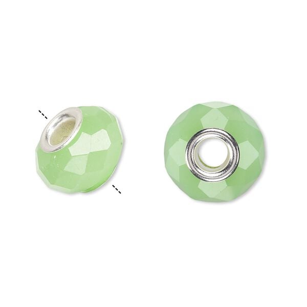 Bead 1pkg6 silver-plated, 14x9mm faceted rondelle, brass / glass / light green Dione&reg; image number 0