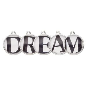 Drop, silver-finished "pewter" (zinc-based alloy) and plastic, black and white, 20mm single-sided domed flat round with "DREAM." Sold per 5-piece set.