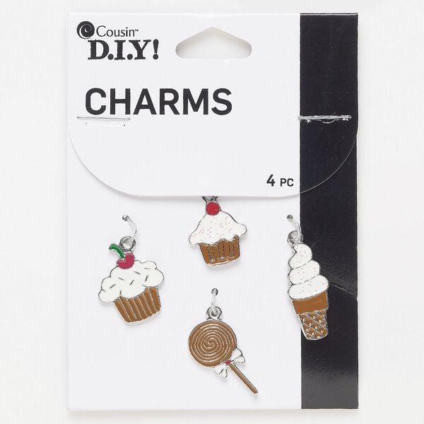 Charm, silver-finished "pewter" (zinc-based alloy) / enamel / glitter, multicolored, assorted sweets. Sold per pkg of 4. image number 0