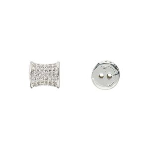 Bead 1pkg1 silver-finished, 9x8mm pinched cylinder, brass / clear rhinestone