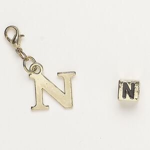 Bead and charm 1pkg2, antique gold-finished "pewter" (zinc alloy) / steel / enamel, black, 7mm cube with alphabet letter "N" and 15x12mm alphabet letter "N" with lobster claw clasp.