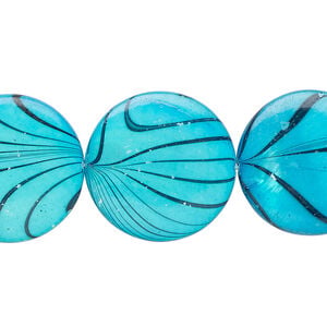Mother-of-pearl shell 1pkg1, puffed flat round bead 15 inch light blue / black stripe19-20mm
