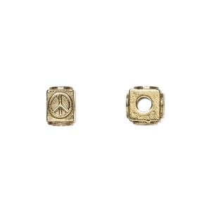 Bead 1pkg4 gold-plated pewter, 8x6mm rectangle / peace sign symbol, antique Dione&reg;