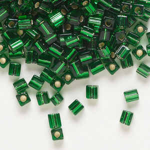 Seed bead, Miyuki 1pkg10g, glass, 3.5-3.7mm square, transparent silver-lined green (SB-16)