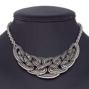 Necklace, antique silver-coated plastic with antique silver-plated steel and "pewter" (zinc-based alloy), 4x2-1/2 inch woven crescent, 16 inches with 2-1/2 inch extender chain and lobster claw clasp. Sold individually.
