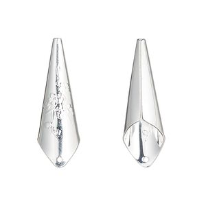 Bolo tip, silver-plated brass, 27x9mm with flower design. Sold per pkg of 10.
