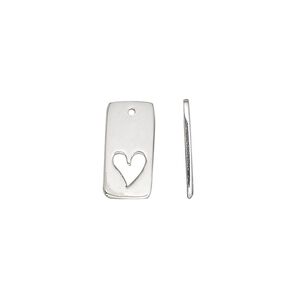 Drop, sterling silver, 15x7mm single-sided flat rectangle with cutout heart. Sold individually.