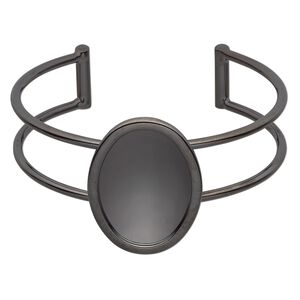 Bracelet, Almost Instant Jewelry&reg;, cuff, gunmetal-plated brass and "pewter" (zinc-based alloy), 65x35mm with 30x22mm oval setting, adjustable. Sold individually.