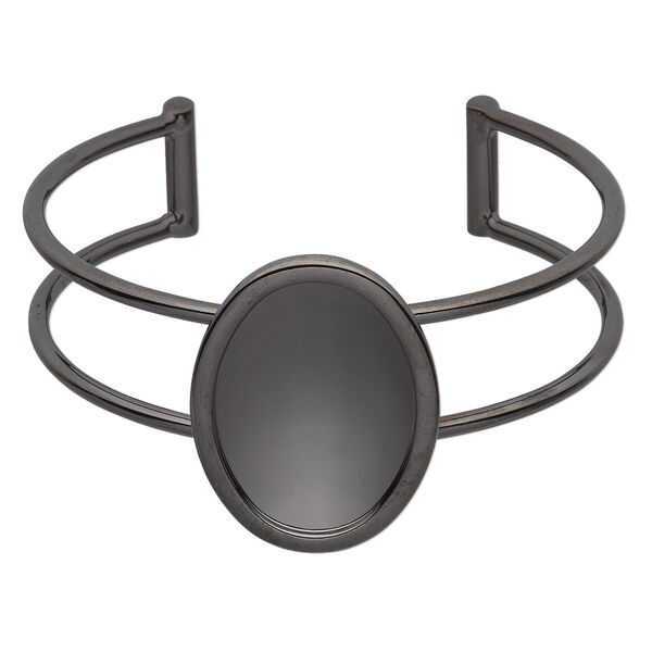 Bracelet, Almost Instant Jewelry&reg;, cuff, gunmetal-plated brass and "pewter" (zinc-based alloy), 65x35mm with 30x22mm oval setting, adjustable. Sold individually. image number 0