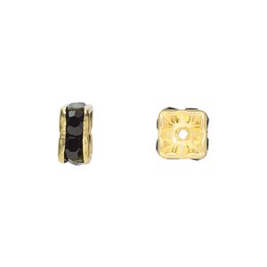 Bead 1pkg10 gold-finished, 8x4mm squaredelle, brass / black rhinestone