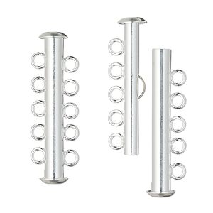 Clasp slide lock 1pkg10 silver-plated, 31x6mm tube, brass 5-strand