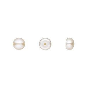 Pearl, White Lotus&trade;, cultured freshwater (bleached), white, 5.5-6mm half-drilled button, B grade, Mohs hardness 2-1/2 to 4. Sold per pair.