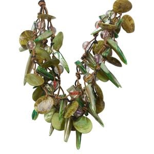 Necklace, multi-strand, acrylic / mussel shell / mother-of-pearl shell (dyed) / waxed cotton cord / brass / steel 1pkg1, multicolored, 9mm round / 10x10mm stick / 20mm flat round, 22 inches with lobster claw clasp and 2-inch extender chain.