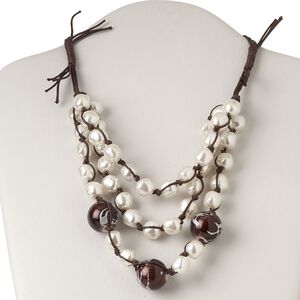 Necklace, waxed cotton cord / plastic / wood (dyed), brown / white / grey, 20mm round, 18 inches with button-style clasp. Sold individually.