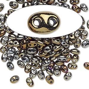 Seed bead, Preciosa Twin&trade; Czech glass, pkg/10g, 5x2.5mm oval, opaque gold iris black, (59115).