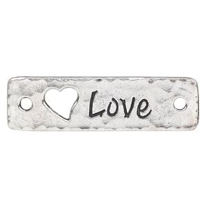 Focal, TierraCast&reg;, antique silver-plated pewter (tin-based alloy), 40x11mm single-sided hammered rectangle with "LOVE" and cutout heart. Sold per pkg of 2.