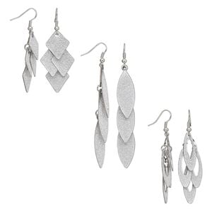 Earring mix, stainless steel / silver-plated brass / steel / stainless steel, 2-1/4 to 3-1/2 inch stardust mixed shape with fishhook ear wire. Sold per pkg of 3 pairs.