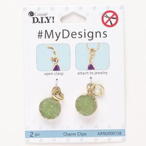 Drop, steel / brass / druzy agate (dyed), pkg/2, gold finish and light green, 19x15mm round with snap lock bail.