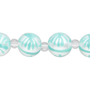 Bead, glass 1pkg8, opaque white and seafoam green, 12mm hand-painted round.
