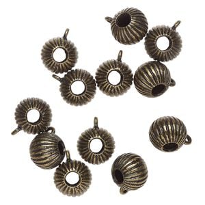 Bead 1pkg12 brass-finished "pewter", 12x11mm corrugated round / bottom closed loop, antique